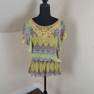 WD NY Women’s Yellow Blue Floral Ruffle Sheer Top Blouse Size L